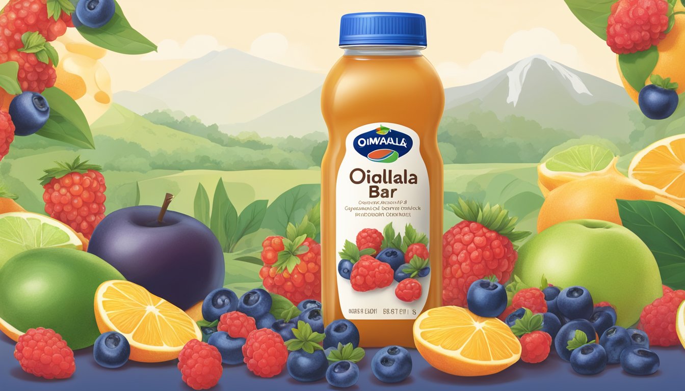 A colorful Odwalla Bar surrounded by a variety of fresh berries and a bottle of GoMega, with the nutritional facts displayed prominently