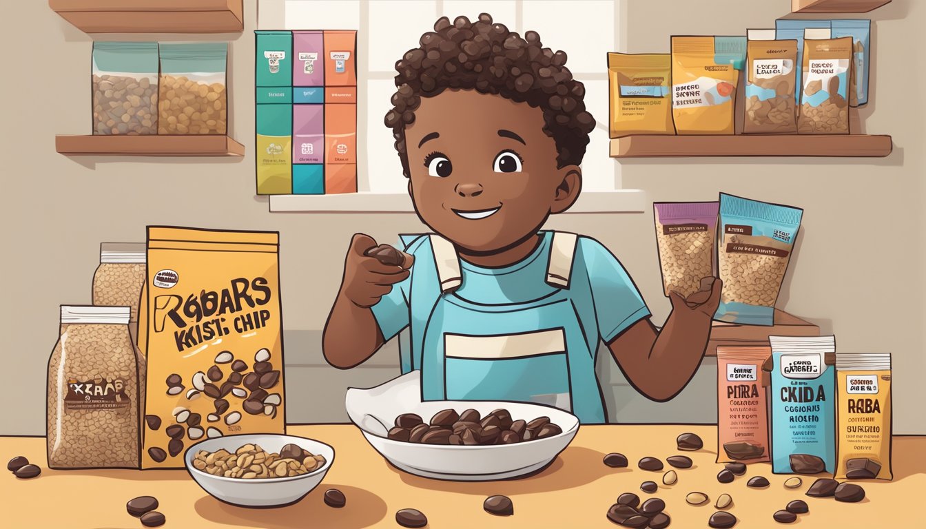 A child-friendly scene with a colorful package of RXBAR Kids Chocolate Chip surrounded by wholesome ingredients like oats, nuts, and chocolate chips