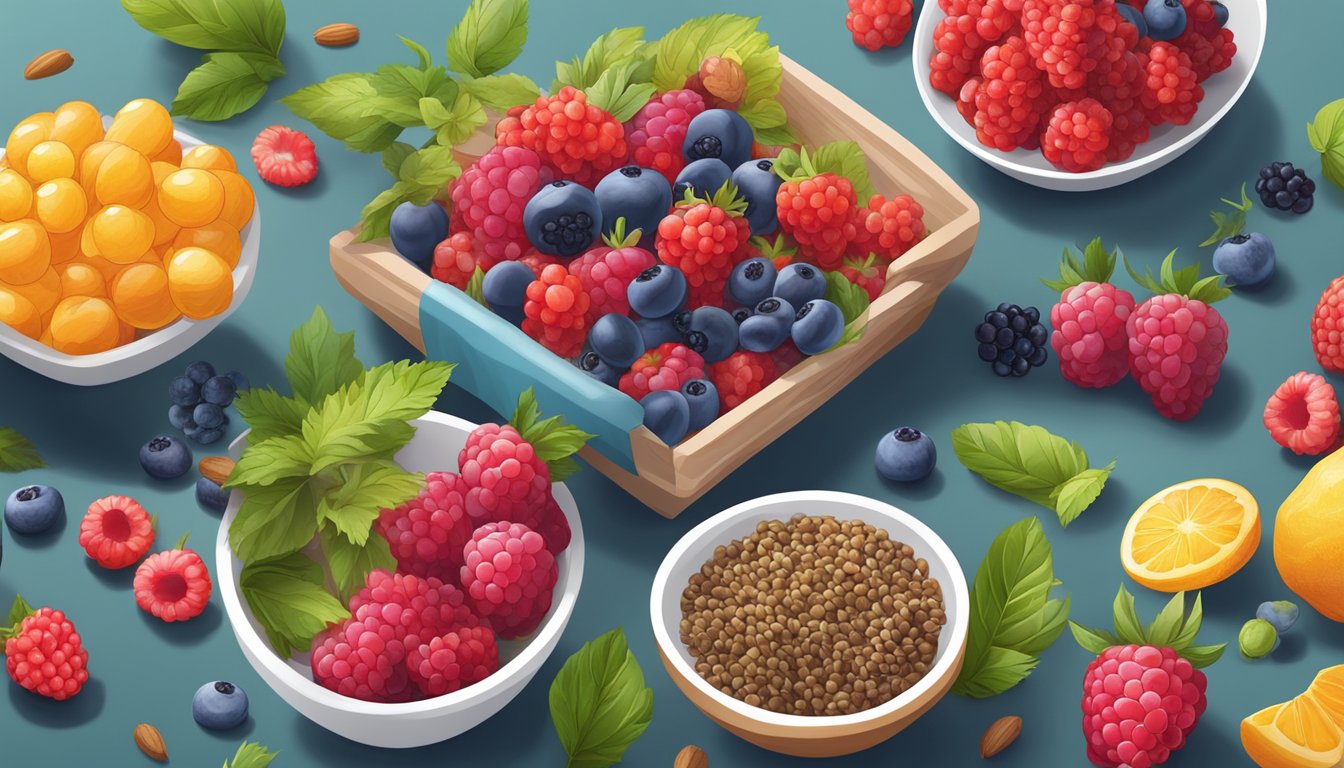 A colorful array of fresh berries, omega-rich seeds, and other natural ingredients arranged on a clean, modern table