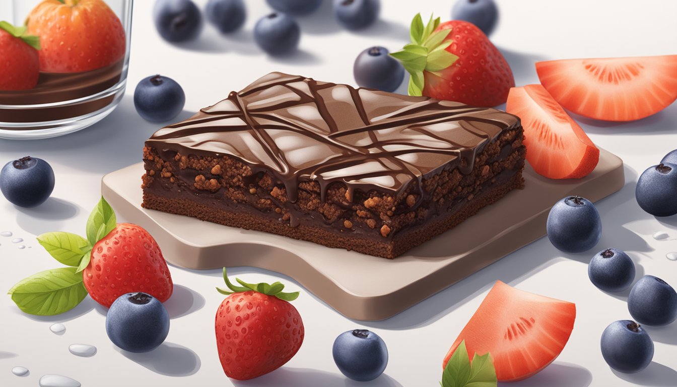 A thinkThin High Protein Bar Brownie Crunch surrounded by fresh fruits and a glass of water on a clean, white countertop