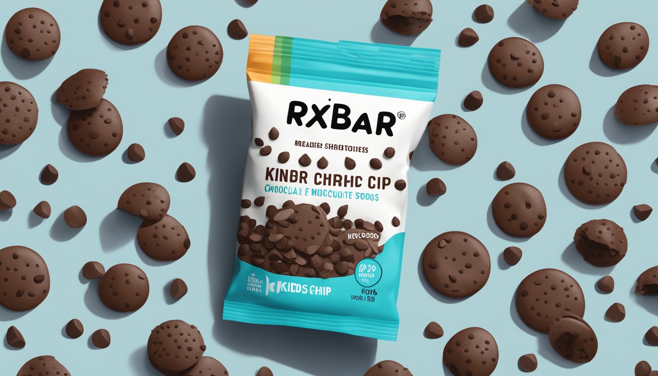 A close-up of the RXBAR Kids Chocolate Chip packaging surrounded by scattered chocolate chips and a measuring spoon