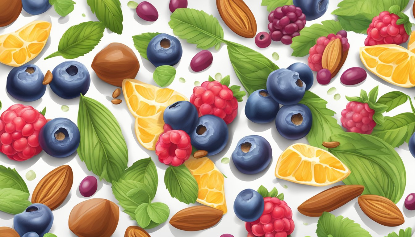 A colorful array of fresh berries, nuts, and seeds spill out of an open Odwalla Bar wrapper, surrounded by a scattering of vitamin capsules