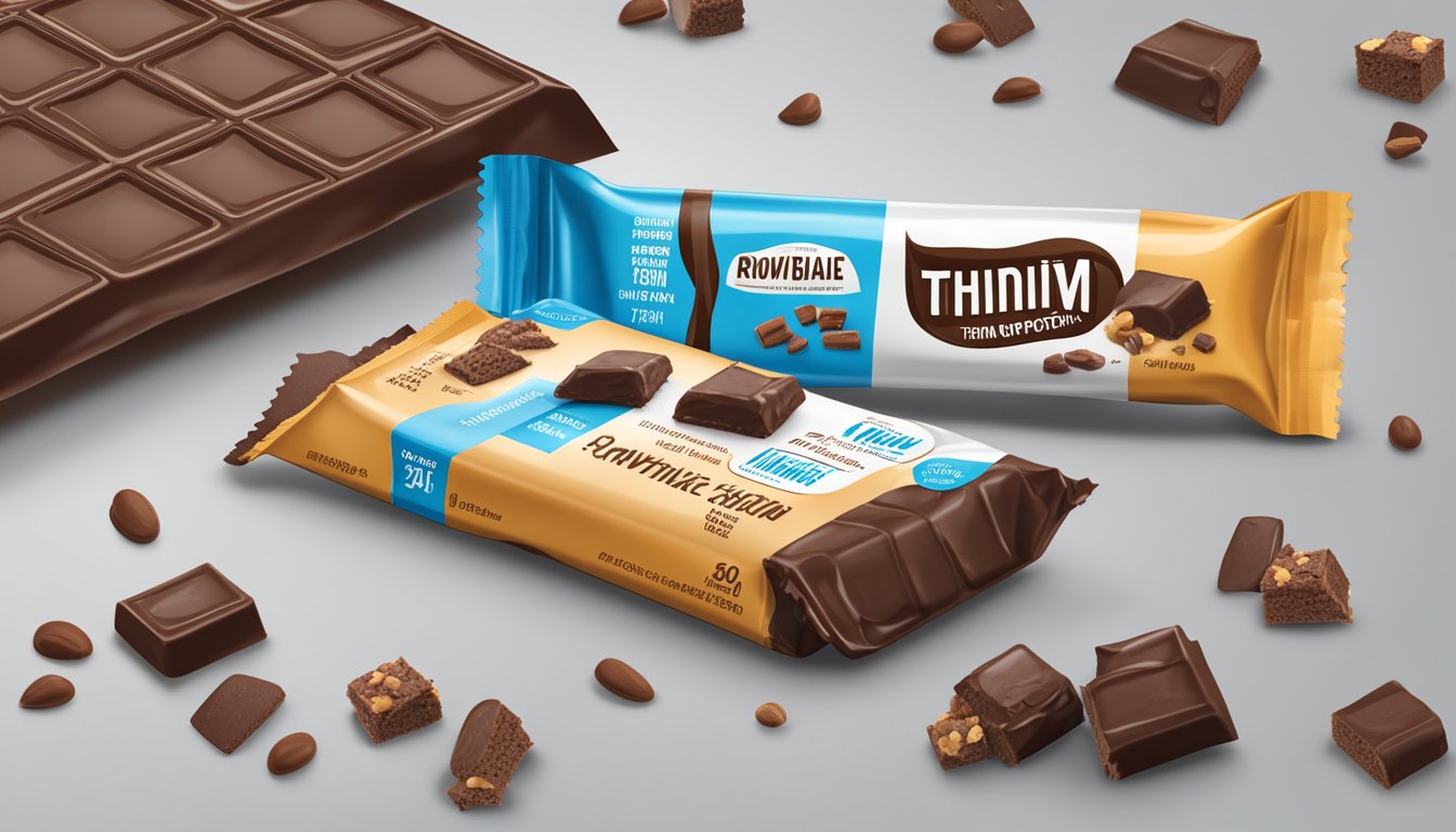 A thinkThin High Protein Bar surrounded by scattered brownie pieces and a nutritional label