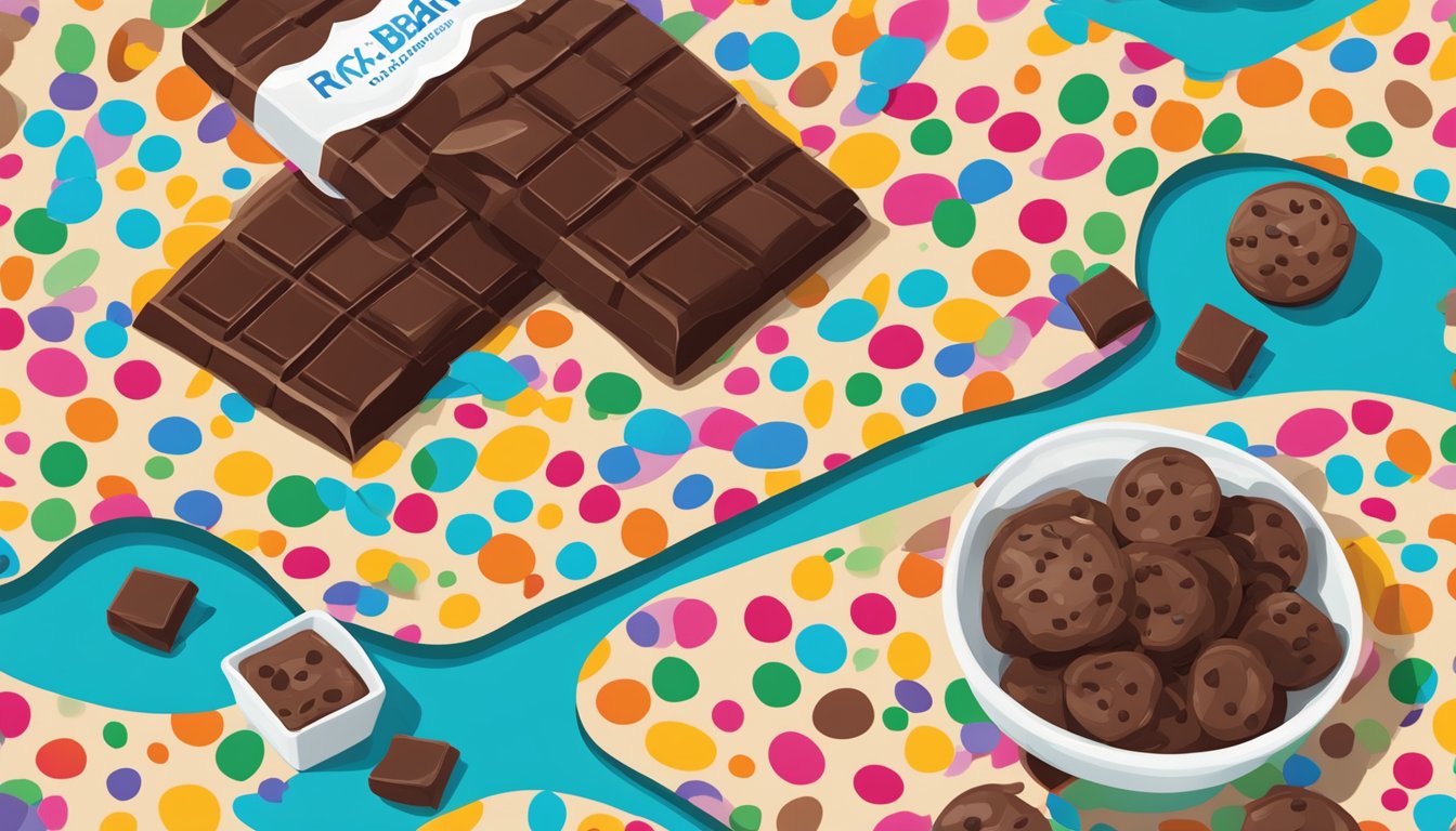 A close-up of a colorful RXBAR Kids Chocolate Chip wrapper surrounded by scattered chocolate chips and a small bowl of milk