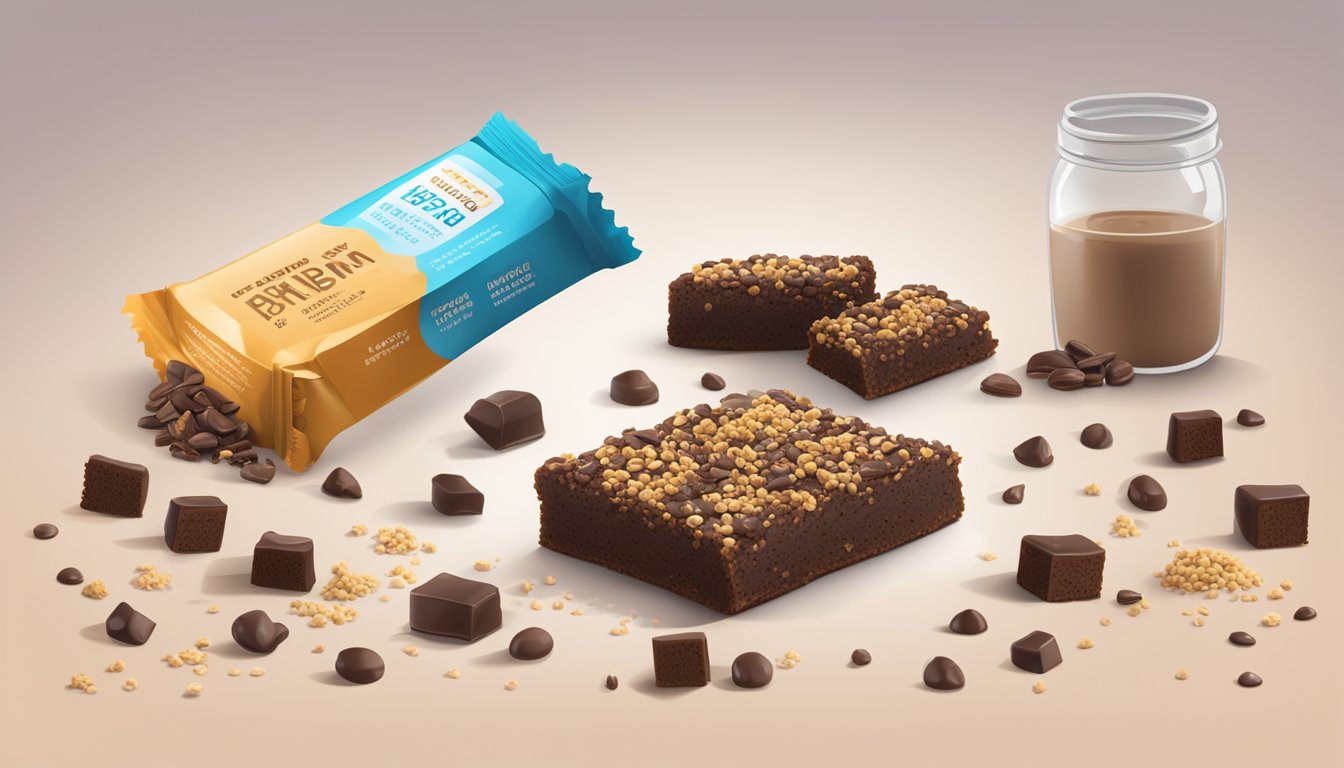 A high protein bar surrounded by scattered brownie crumbs and a stack of nutritional facts