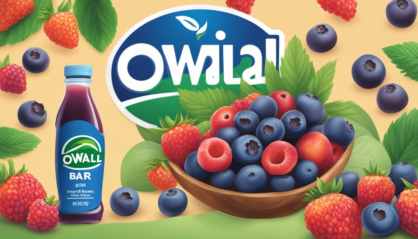 A vibrant illustration of a pile of fresh berries and a bar with the Odwalla logo, surrounded by nutritional facts and FAQs