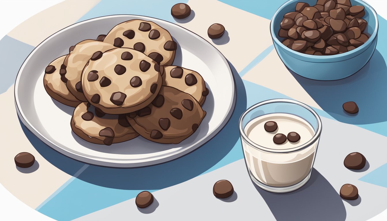 A table with a plate holding an open RXBAR Kids Chocolate Chip, surrounded by scattered chocolate chips and a glass of milk