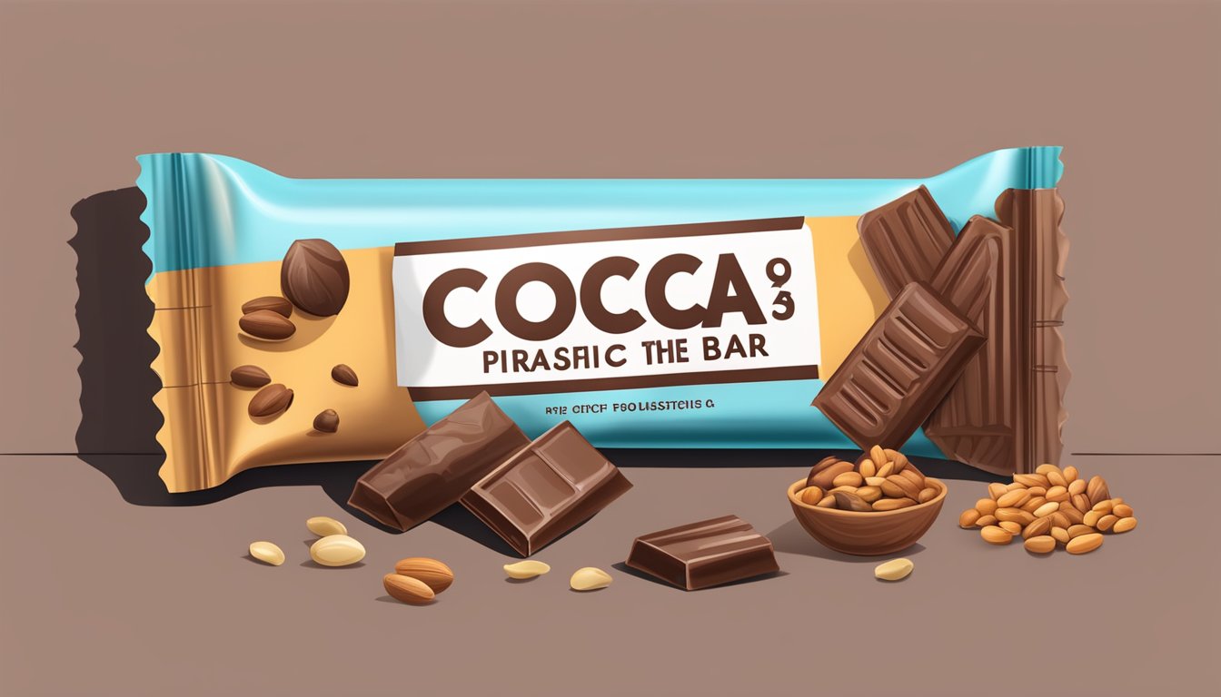 A high protein bar surrounded by cocoa beans, nuts, and a measuring tape