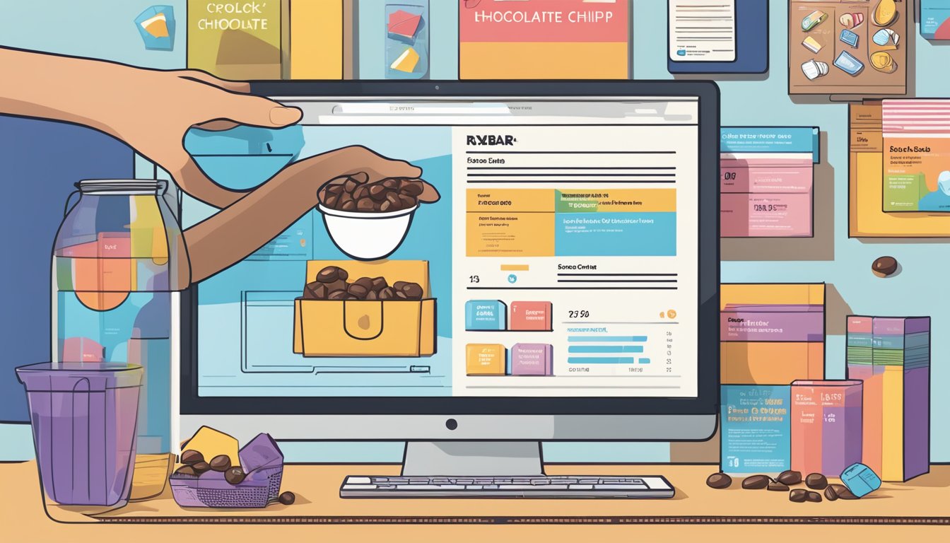 A child's hand reaching for a colorful package of RXBAR Kids Chocolate Chip, surrounded by nutritional facts and a computer screen displaying a website