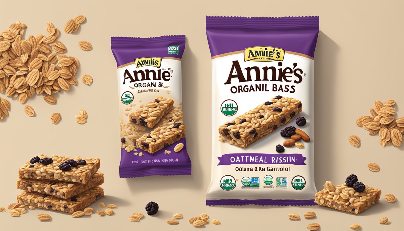 A table with a package of Annie's Organic Chewy Granola Bars Oatmeal Raisin, surrounded by scattered oats and raisins