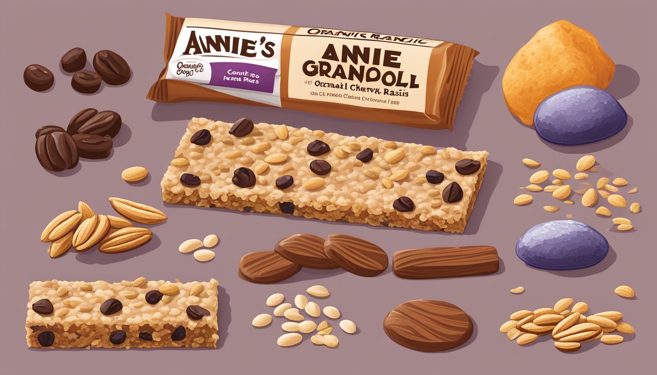 Annie's Organic Chewy Granola Bars Oatmeal Raisin ingredients laid out with oats, raisins, and other key components