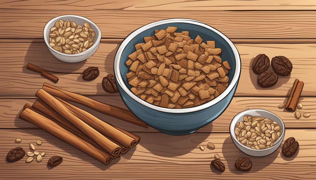 A bowl of Cinnamon Raisin granola bars surrounded by scattered raisins and cinnamon sticks on a rustic wooden table