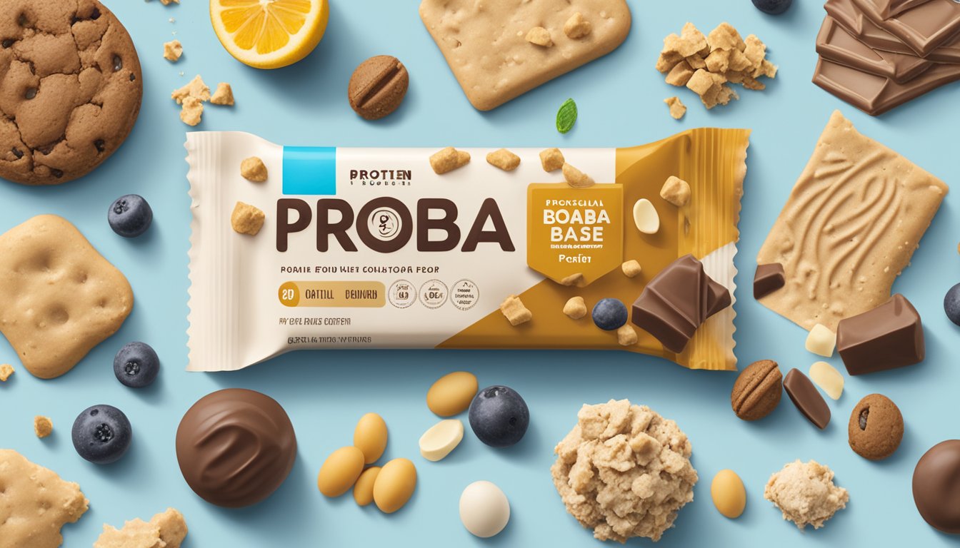 A ProBar Base Protein Bar in Cookie Dough flavor surrounded by various whole food ingredients and a measuring tape for portion control