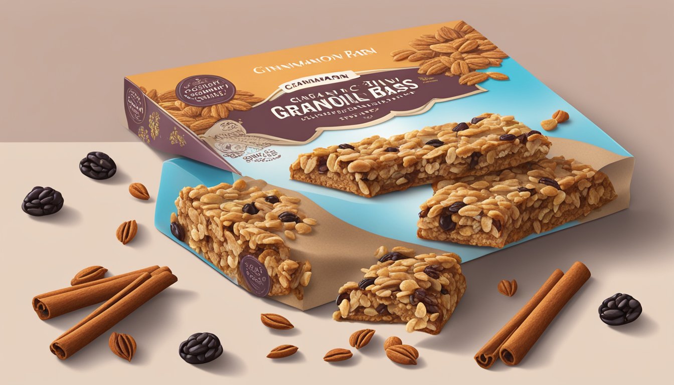 A table with a box of Cascadian Farm Organic Chewy Granola Bars Cinnamon Raisin, surrounded by scattered raisins and cinnamon sticks