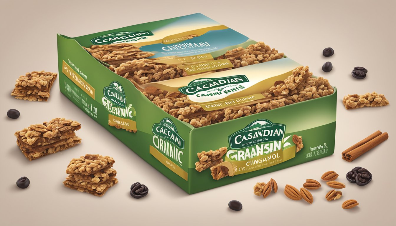 A table with a box of Cascadian Farm Organic Chewy Granola Bars, surrounded by scattered raisins and cinnamon sticks