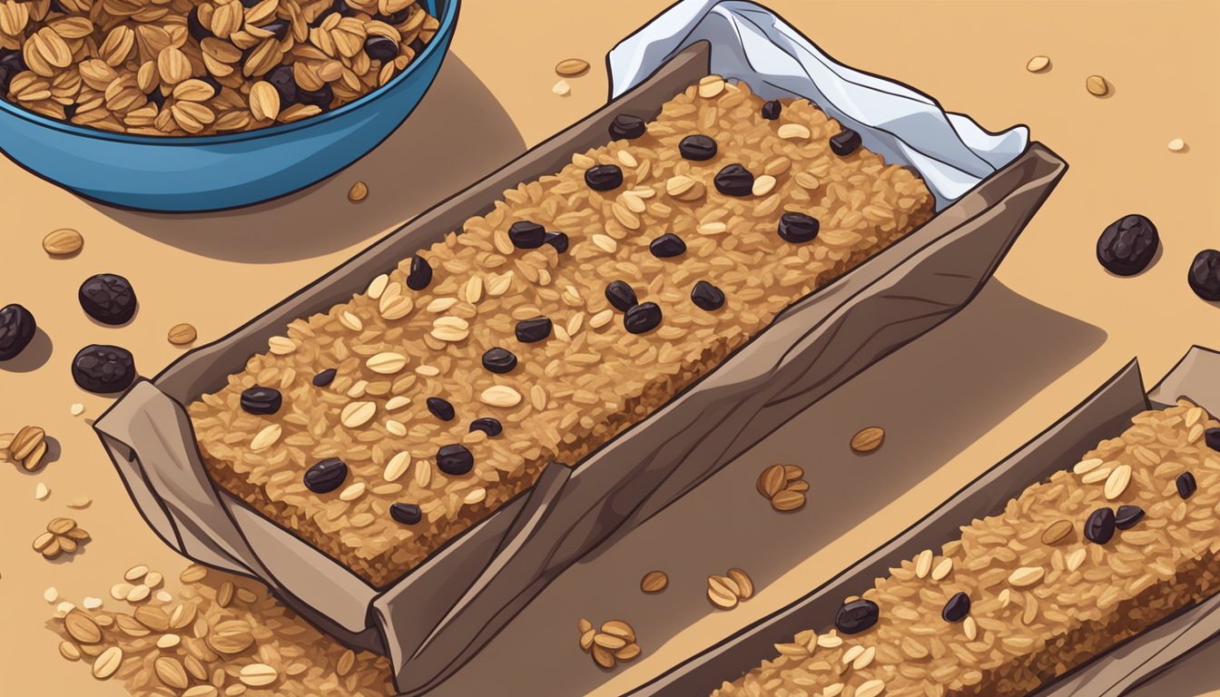 A table with Annie's Organic Chewy Granola Bars Oatmeal Raisin scattered alongside a pile of oats and raisins