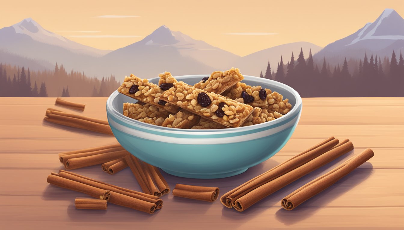 A bowl of Cascadian Farm Organic Chewy Granola Bars Cinnamon Raisin surrounded by fresh cinnamon sticks and plump raisins