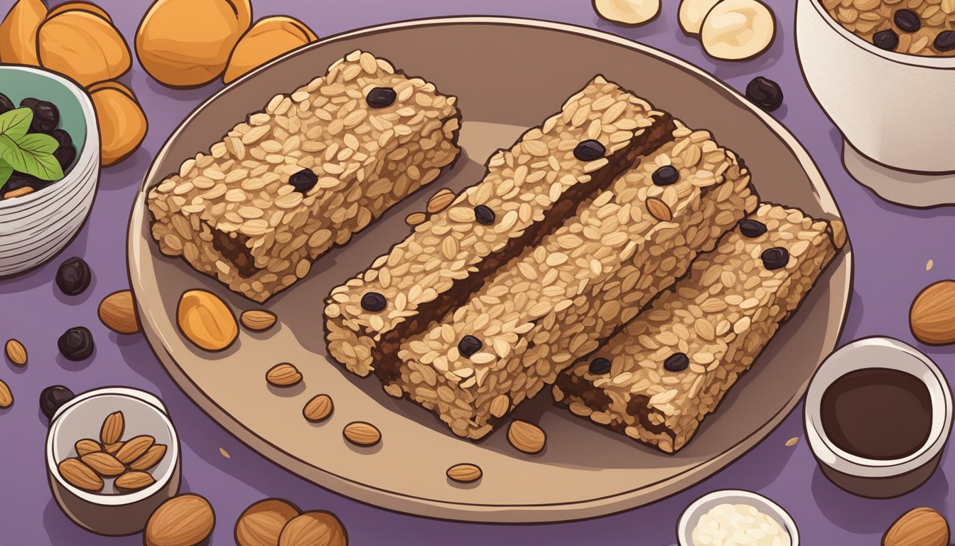 A table with Annie's Organic Chewy Granola Bars Oatmeal Raisin, surrounded by wholesome ingredients like oats and raisins