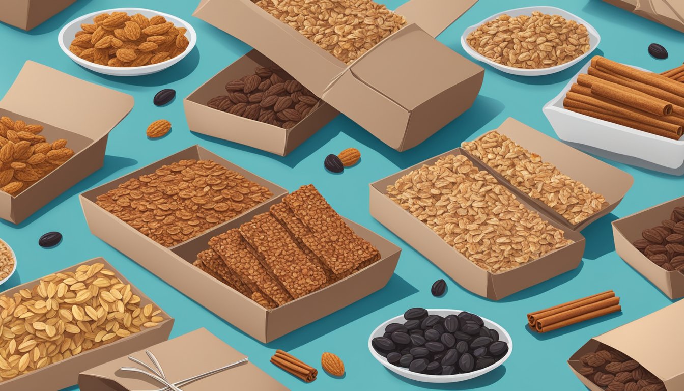 A table with various granola bar boxes, including Cascadian Farm Organic Chewy Granola Bars Cinnamon Raisin, surrounded by scattered raisins and cinnamon sticks