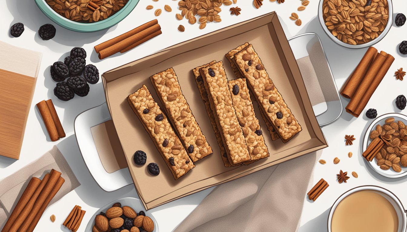 A table with a box of Cascadian Farm Organic Chewy Granola Bars Cinnamon Raisin, surrounded by scattered raisins and cinnamon sticks