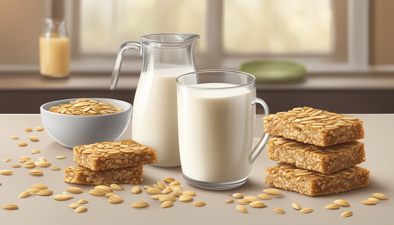 A table with a plate of Bobo's Oat Bars Original, surrounded by scattered oats and a measuring cup of milk