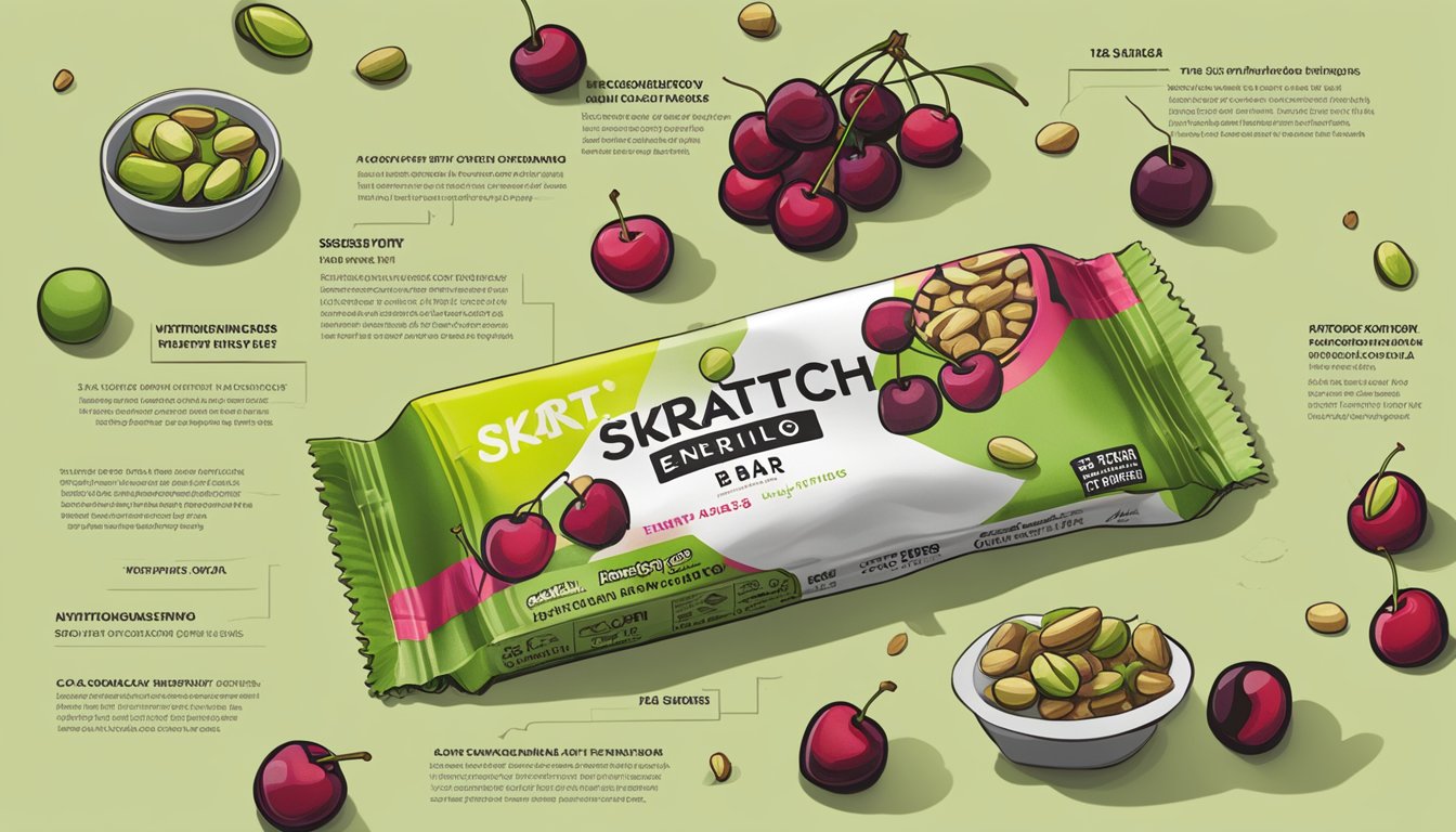 A close-up of a Skratch Labs Anytime Energy Bar with cherries and pistachios scattered around it, with the nutritional facts visible