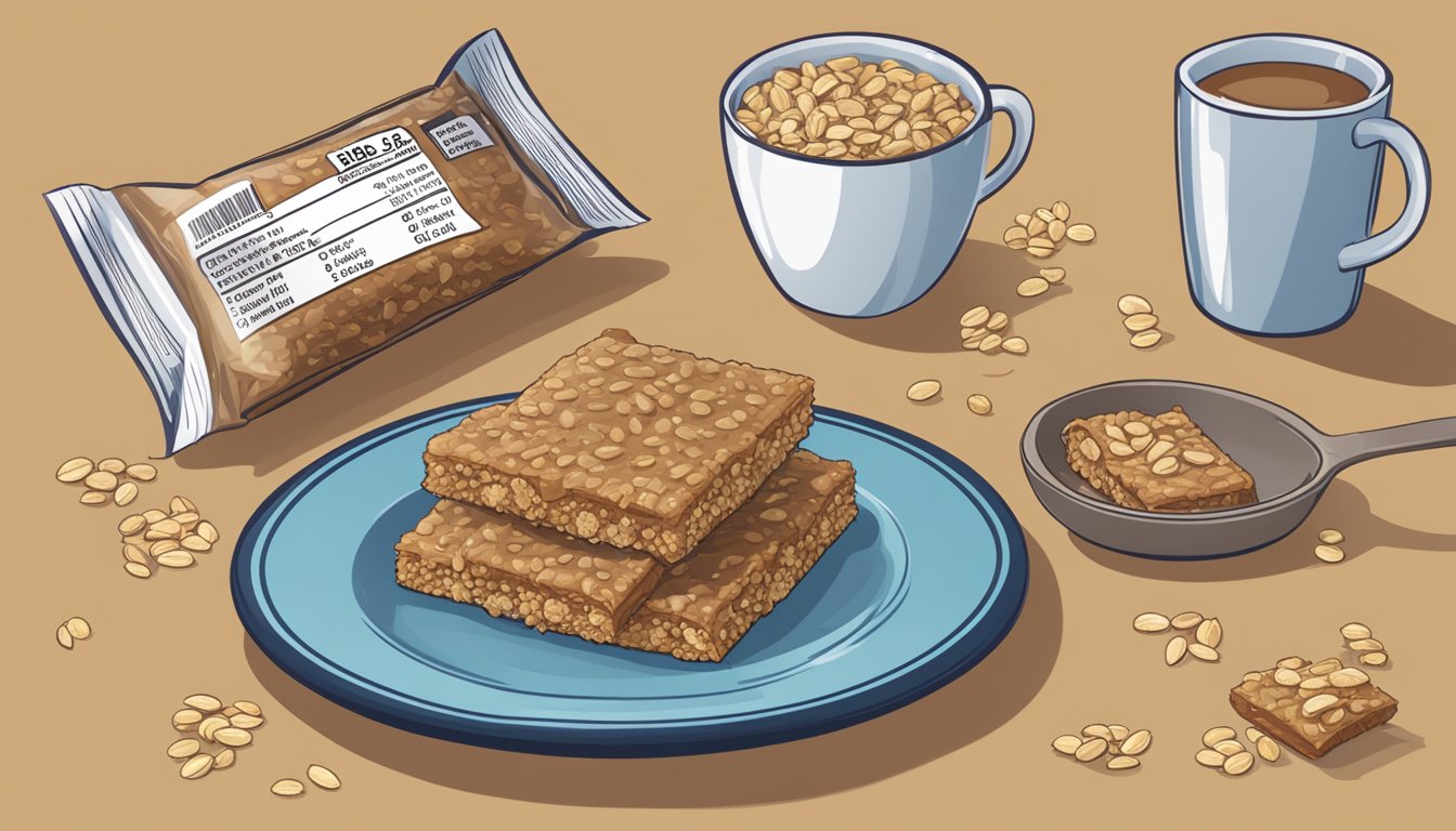 A table with a plate of Bobo's Oat Bars, an open wrapper, and a nutrition label