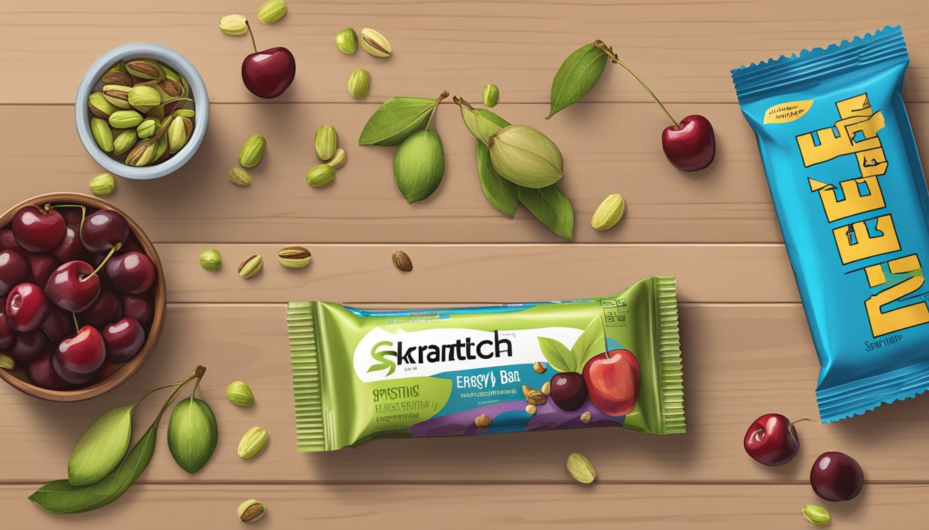 A table with a Skratch Labs Anytime Energy Bar, surrounded by cherries and pistachios, with the nutritional facts visible