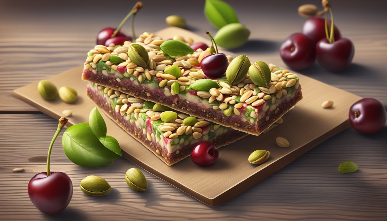 A cherry and pistachio energy bar surrounded by fresh cherries and pistachios on a rustic wooden table