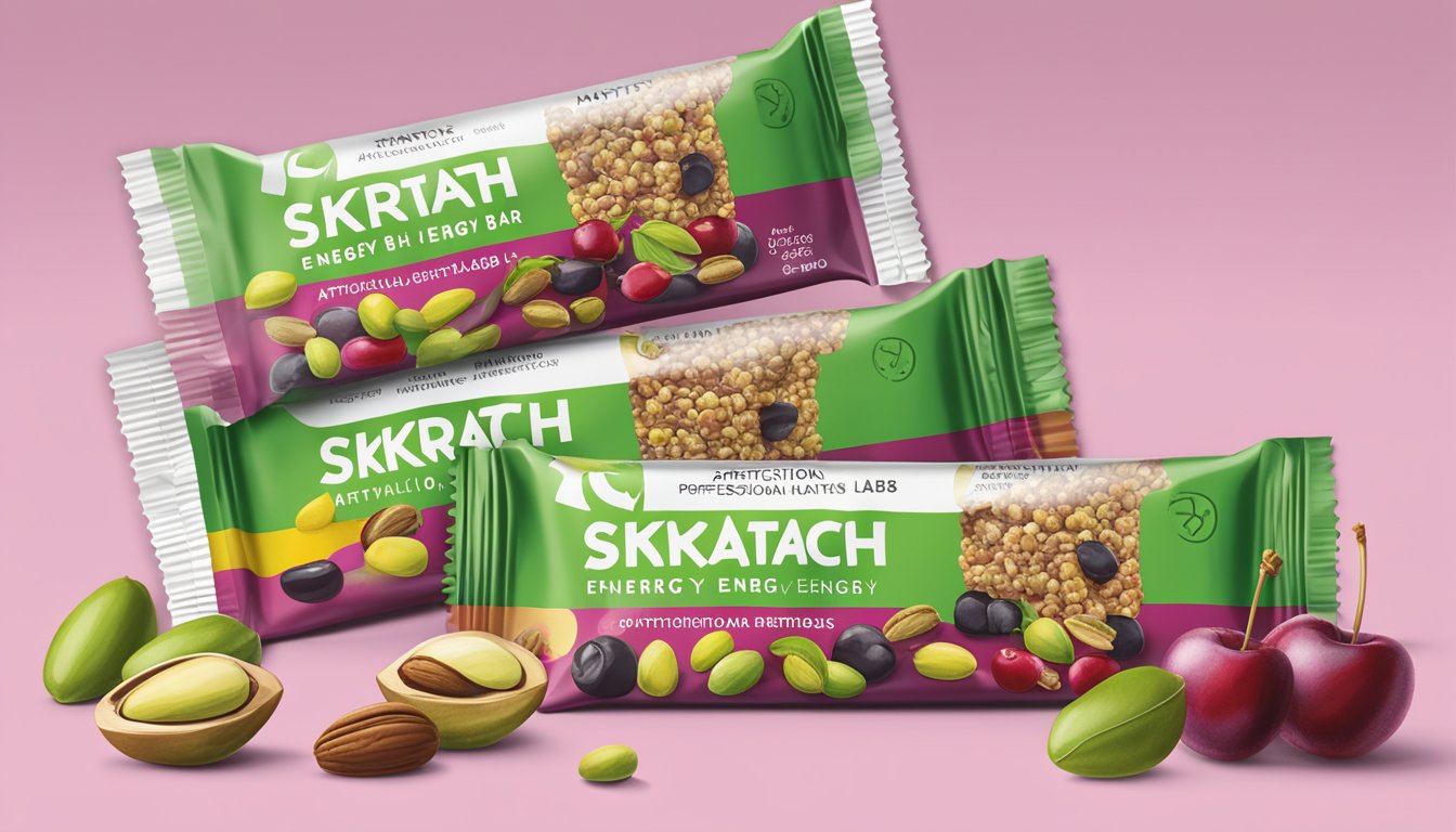 A colorful illustration of a Skratch Labs Anytime Energy Bar surrounded by cherries and pistachios, with a focus on the nutritional facts label