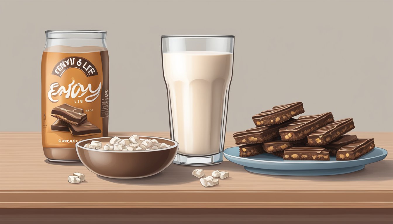 A table with a plate of Enjoy Life Chewy Bars Cocoa Loco and a glass of milk