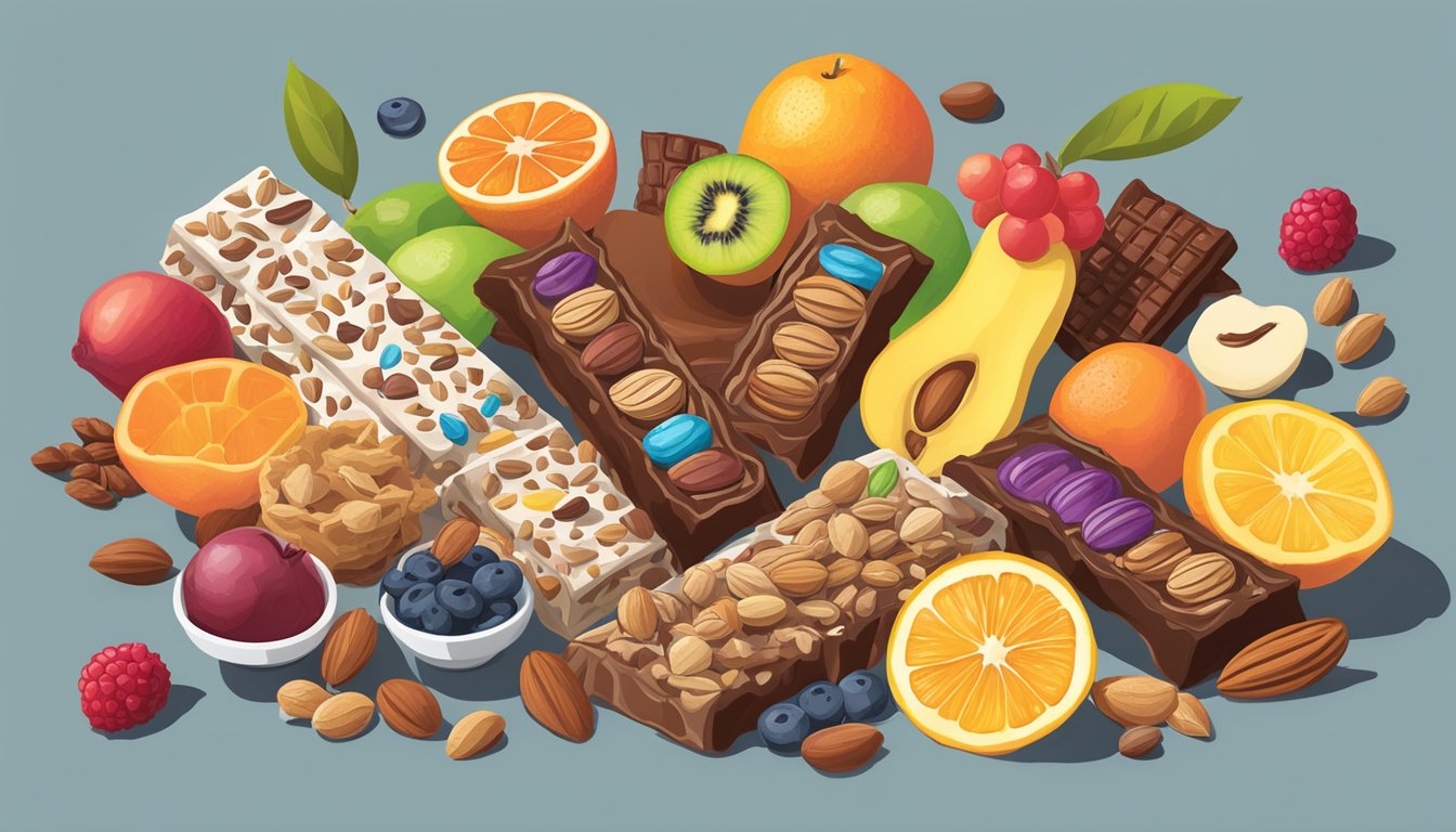 A colorful spread of various fruits, nuts, and seeds, with a stack of Enjoy Life Chewy Bars Cocoa Loco in the center