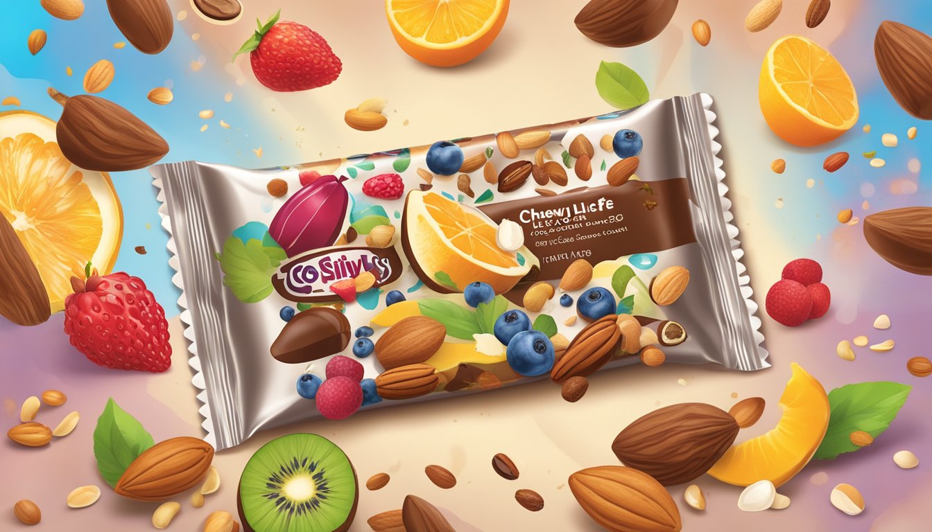 A colorful array of fruits, nuts, and seeds spills out from a torn open Enjoy Life Chewy Bars Cocoa Loco wrapper