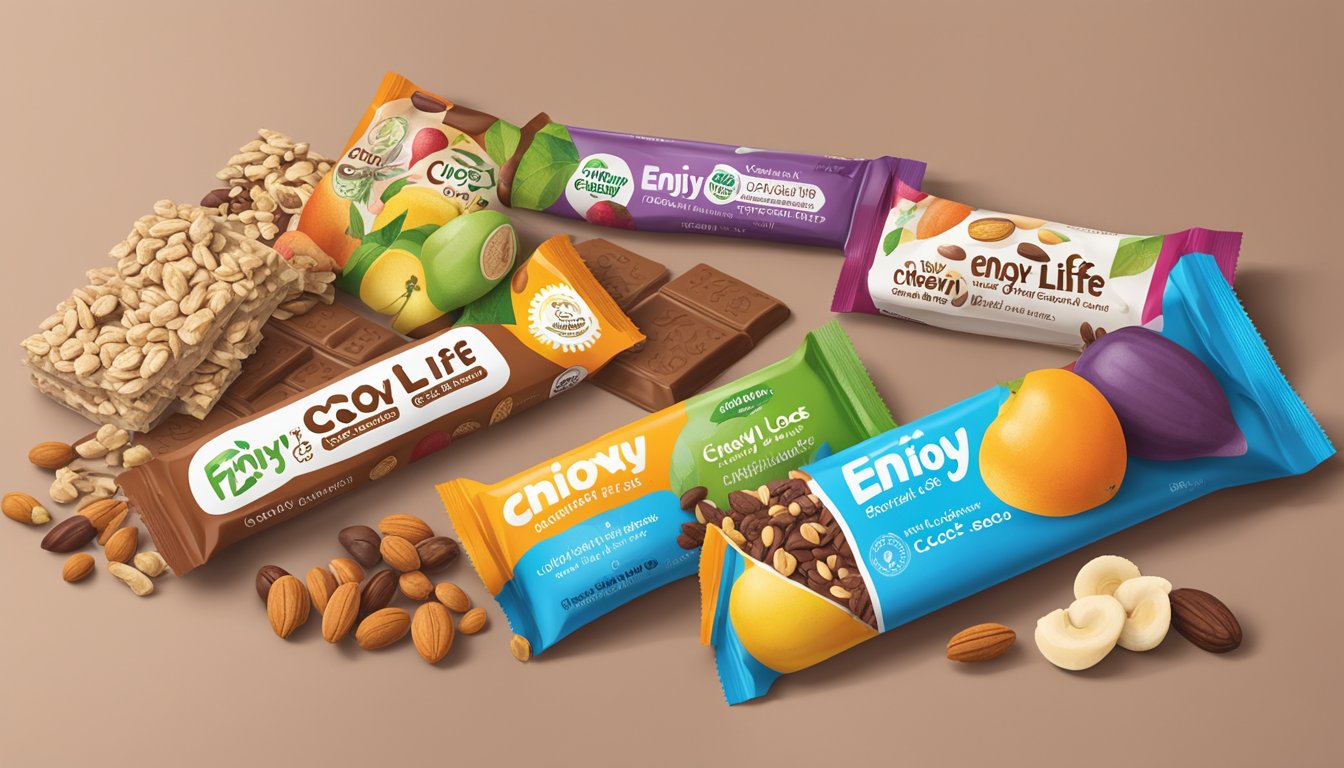 A table with a variety of colorful fruits, nuts, and seeds, alongside a box of Enjoy Life Chewy Bars Cocoa Loco, with the nutritional facts displayed prominently