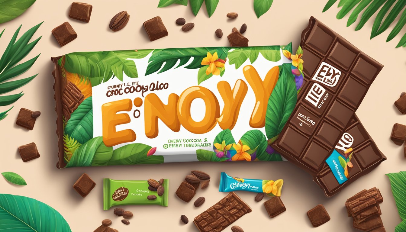 A colorful display of Enjoy Life Chewy Bars Cocoa Loco surrounded by fresh cocoa beans and vibrant tropical foliage