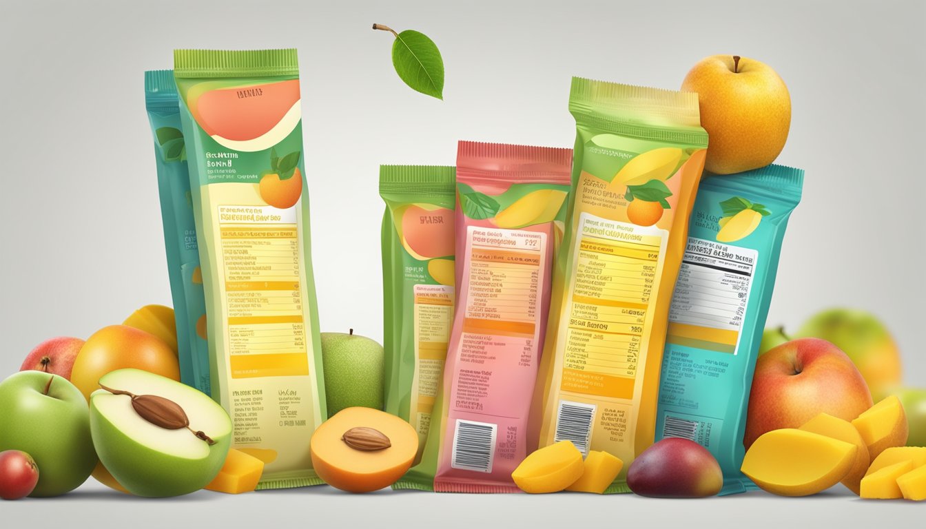 A colorful fruit bar surrounded by fresh apples and mangoes, with the nutritional facts displayed nearby