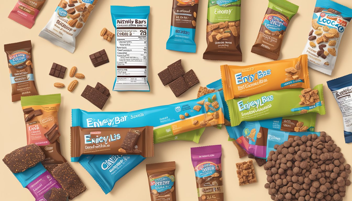 A table with a variety of snack options, including Enjoy Life Chewy Bars Cocoa Loco, with their nutritional facts displayed next to each item