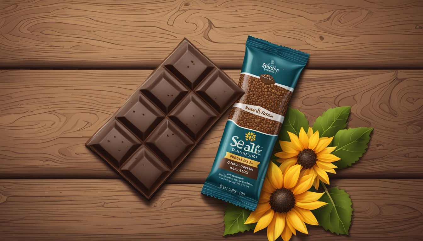 A dark chocolate sea salt seed bar surrounded by scattered sunflower, pumpkin, and flax seeds on a rustic wooden surface