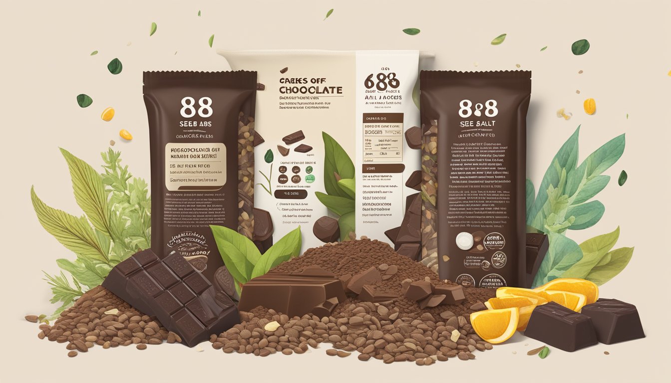 A pile of 88 Acres Seed Bars Dark Chocolate Sea Salt surrounded by scattered ingredients and nutritional facts