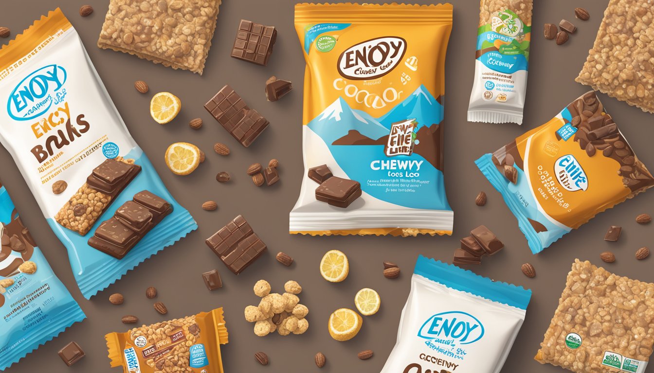 A table with a pack of Enjoy Life Chewy Bars Cocoa Loco, surrounded by scattered nutritional facts and ingredients