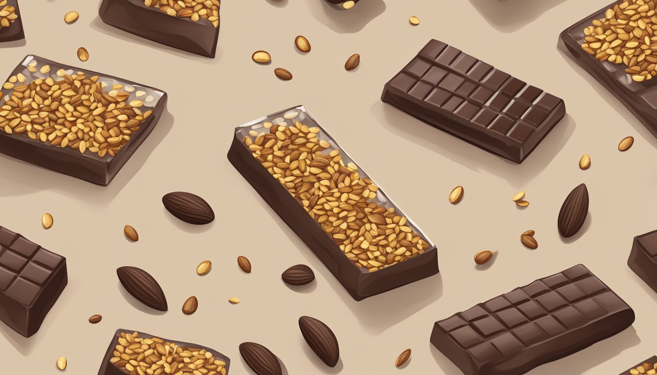 A table with a dark chocolate sea salt seed bar, surrounded by scattered sunflower seeds and a broken chocolate bar