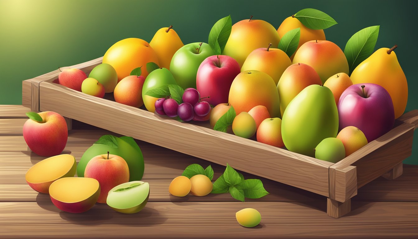 A colorful fruit bar surrounded by fresh apples and mangoes on a wooden table