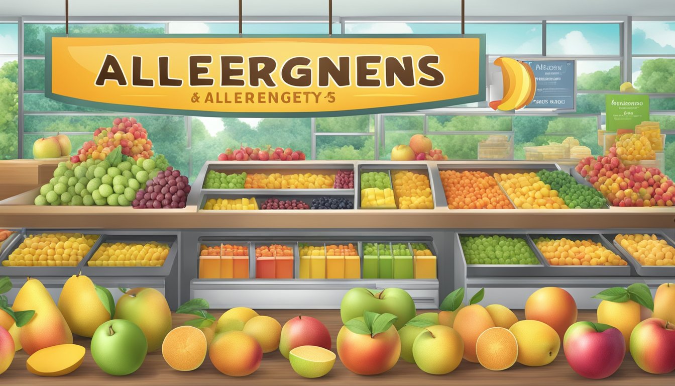 A colorful fruit bar surrounded by fresh apples and ripe mangoes, with a clear "Allergens and Safety" label