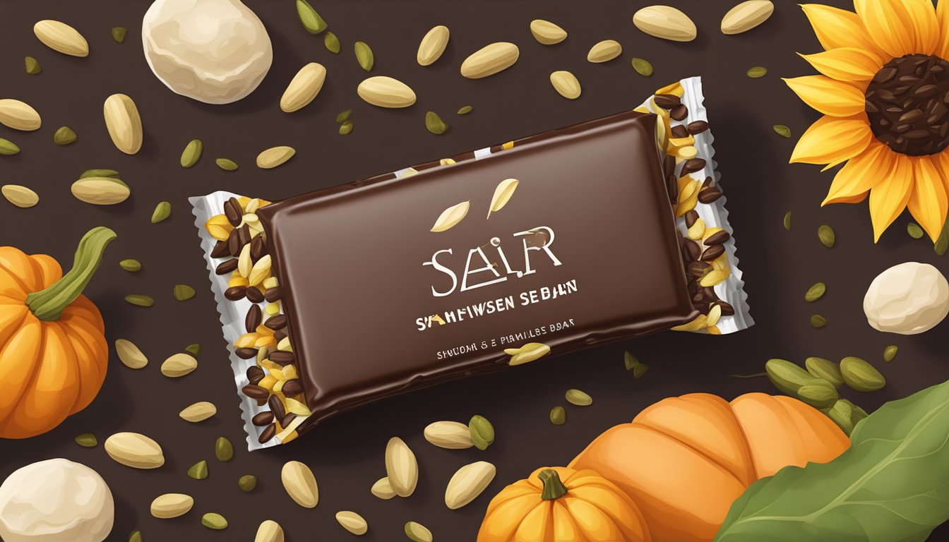 A dark chocolate sea salt seed bar surrounded by scattered sunflower and pumpkin seeds