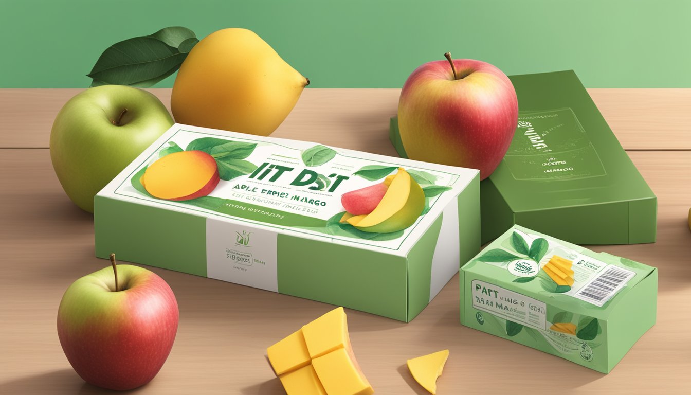 A hand placing a That's It Fruit Bar Apple + Mango on a gift box with a nutrition label in the background