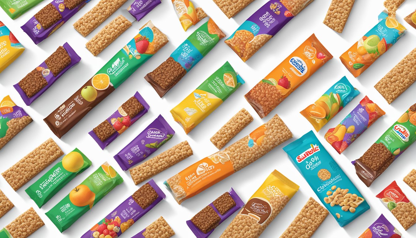 A variety of Sunbelt Bakery Fruit & Grain Cereal Bars with colorful packaging arranged on a clean, white surface