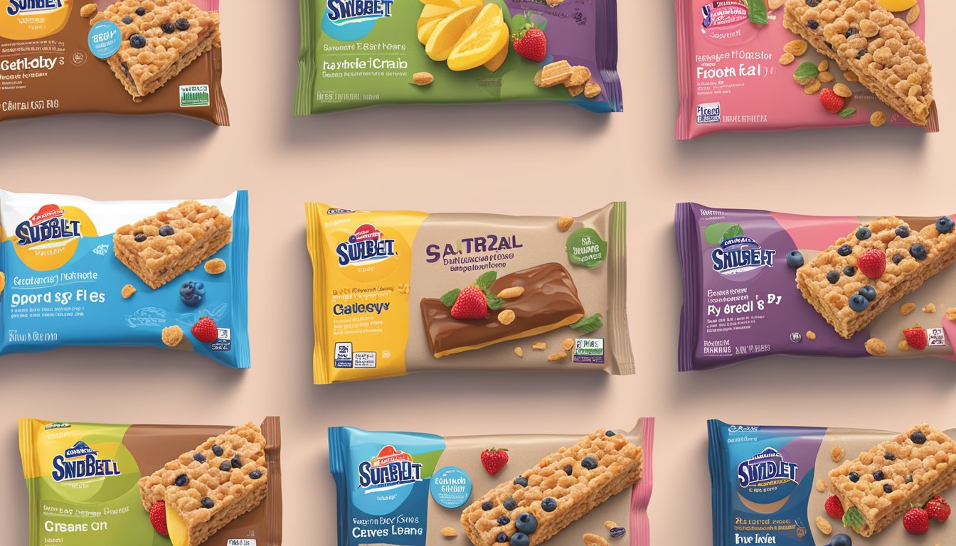 A variety of Sunbelt Bakery Fruit & Grain Cereal Bars spread out with their nutritional breakdown displayed next to them