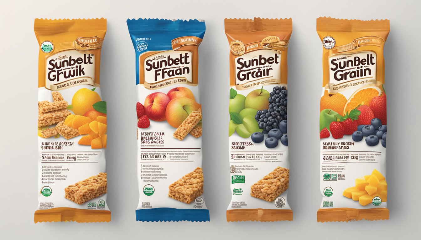 A colorful assortment of Sunbelt Bakery Fruit & Grain Cereal Bars arranged in a variety pack, with the nutritional facts displayed prominently on the packaging