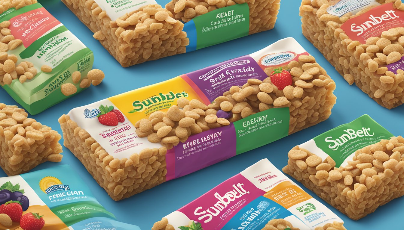 A variety of Sunbelt Bakery Fruit & Grain Cereal Bars arranged with their nutritional facts displayed nearby