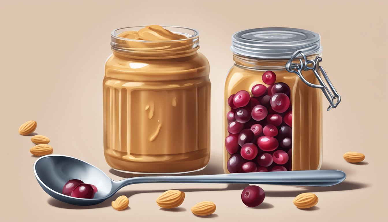 A jar of peanut butter surrounded by scattered cranberries and a measuring spoon